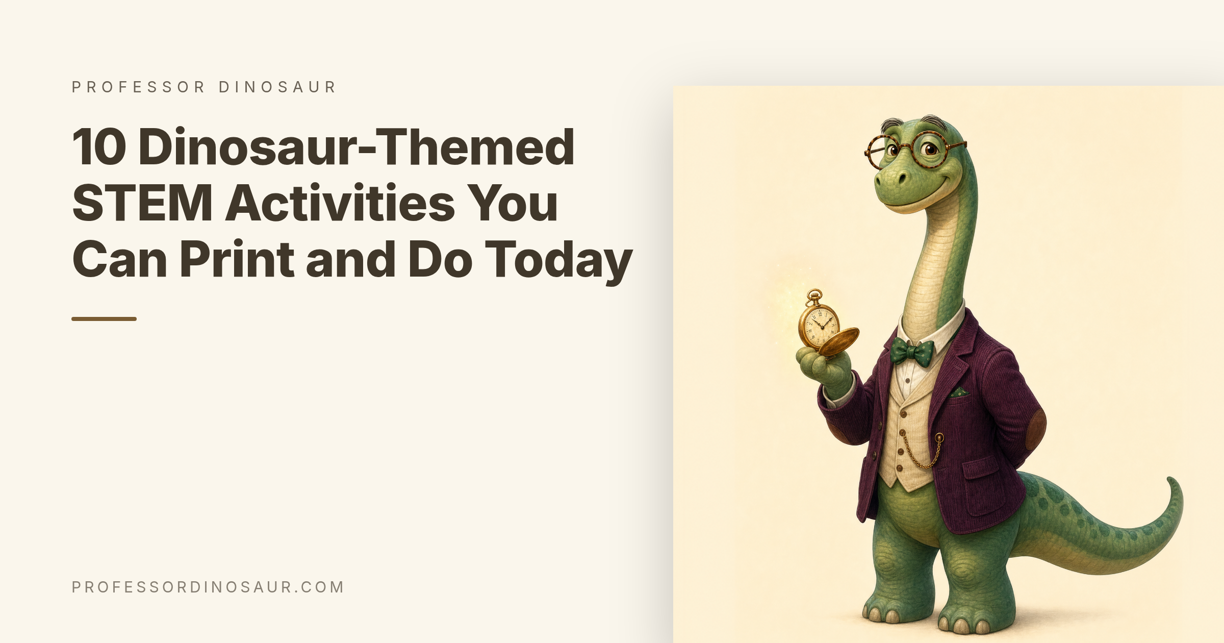 Professor Dinosaur, the long-necked scholar in his burgundy jacket and spectacles, holding his gold pocket watch, beside the article title: 10 Dinosaur-Themed STEM Activities You Can Print and Do Today
