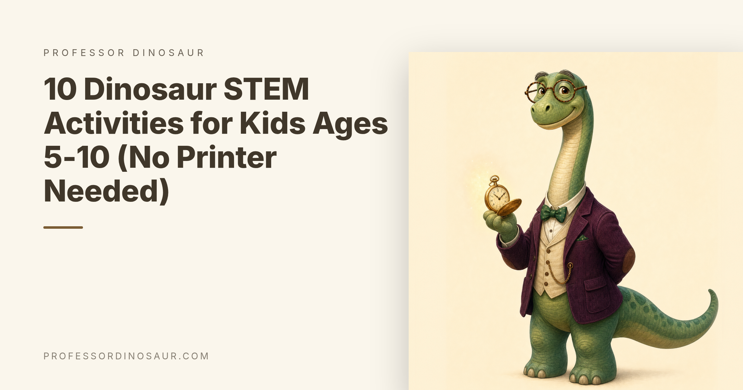 Professor Dinosaur, the long-necked scholar in his burgundy jacket and spectacles, holding his gold pocket watch, beside the article title: 10 Dinosaur STEM Activities for Kids Ages 5-10 (No Printer Needed)